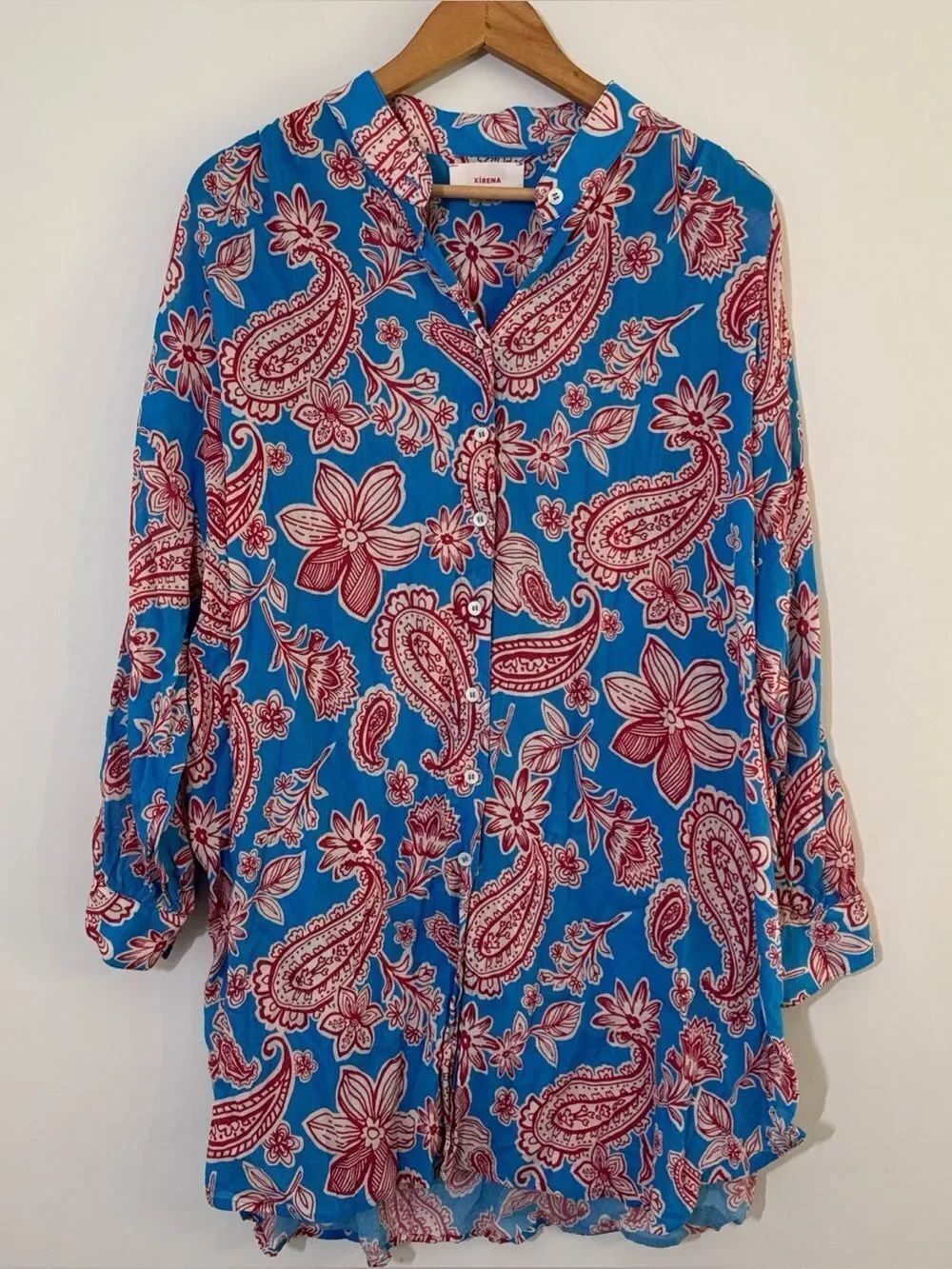 Xirena Neve Button Down Dress Size Small in Capri Blue and Red 100% Cotton